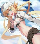 1girl artoria_caster_(fate) artoria_caster_(swimsuit)_(fate) artoria_pendragon_(fate) asymmetrical_clothes baseball_cap bikini black_pants blonde_hair blue_sky blush breasts cropped_jacket fate/grand_order fate_(series) genshu_doki green_eyes hat highres jacket long_hair long_sleeves looking_at_viewer navel open_mouth pants shrug_(clothing) single_pantsleg sky small_breasts smile solo swimsuit twintails white_bikini white_headwear white_jacket 