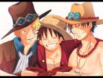  3boys bead_necklace beads black_hair black_headwear blonde_hair closed_eyes commentary cowboy_hat english_commentary freckles goggles goggles_on_headwear hat highres jewelry male_focus monkey_d._luffy multiple_boys necklace one_eye_closed one_piece open_clothes open_mouth portgas_d._ace red_shirt sabo_(one_piece) scar scar_across_eye scar_on_cheek scar_on_face shirt short_hair skull smile straw_hat suzu_(suzuran_piece) top_hat topless_male 