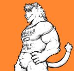  absurd_res anthro clothing dynogreeno felid feline fur hands_on_hips hi_res male mammal muscular muscular_anthro muscular_male pantsless shirt simple_background solo tongue tongue_out topwear 