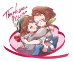  2girls affectionate blush brown_hair cardigan closed_eyes closed_mouth commentary eyelashes flower from_side galar_mother glasses gloria_(pokemon) green_ribbon grey_cardigan grin hair_ribbon hat holding holding_flower hug mito_(mtkg2884) mother&#039;s_day mother_and_daughter multiple_girls munchlax pokemon pokemon_(creature) pokemon_(game) pokemon_swsh ponytail red_flower ribbon semi-rimless_eyewear smile tam_o&#039;_shanter teeth thank_you 