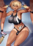  1girl 3boys ;d bar_censor bare_arms black_shorts black_tank_top blonde_hair blue_eyes breasts censored condom condom_on_penis covered_nipples covered_testicles double_handjob erection futa_with_male futanari handjob highres indoors large_breasts micro_shorts midriff multiple_boys navel one_eye_closed open_mouth original penis precum shorts smile standing tan tank_top tanlines testicles two_side_up ubanis 