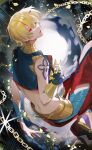 1boy absurdres asymmetrical_gloves blonde_hair butt_crack chain earrings fate/grand_order fate_(series) gauntlets gilgamesh_(caster)_(fate) gilgamesh_(fate) hair_between_eyes hair_ornament highres jewelry kiki7 looking_at_viewer male_focus open_mouth red_eyes short_hair sleeveless 
