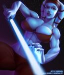  1girl aayla_secura abs alien alternate_muscle_size blue_skin breasts cleavage colored_skin energy_sword highres large_breasts lightsaber looking_down muscular muscular_female nail_polish orange_eyes porirompa solo star_(sky) star_wars sword toned twi&#039;lek veins veiny_arms weapon 
