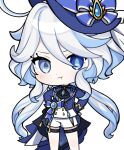  1girl ahoge ascot black_ascot blue_bow blue_eyes blue_headwear blue_jacket bow chibi drop-shaped_pupils furina_(genshin_impact) genshin_impact hat hat_bow heterochromia jacket long_hair long_sleeves looking_at_viewer low_twintails mingguchuanjiuchong mismatched_pupils multicolored_hair shorts simple_background solo streaked_hair top_hat twintails very_long_hair white_background white_hair white_shorts 