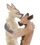  5_fingers 5_toes anthro anthro_on_anthro beastars blush blush_lines brown_body brown_fur canid canine canis claws clothed clothing coyote duo durham_(beastars) feet finger_claws fingers fur hi_res hyena interspecies intimate male male/male mammal miguno_(beastars) nude pecs rin_i9 romantic romantic_ambiance spots spotted_hyena toes topless topless_anthro topless_male 