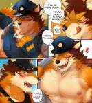  abs anthro barrel_(live_a_hero) blush brown_body brown_fur canid canine canis clothed clothing dj28sj english_text fur hi_res licking licking_lips lifewonders live_a_hero male mammal muscular muscular_anthro muscular_male nipples pecs police_hat police_uniform text tongue tongue_out topless uniform wolf 