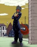  clothing cosplay costume dragon ear_piercing ear_ring flave hair hi_res horn jojo&#039;s_bizarre_adventure josuke_higashikata male nails piercing red_body ring_piercing sharp_teeth solo spiky_hair street tail teeth wingless_dragon 