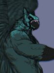  2023 abs anthro avian beak beak_markings biceps blue_eyes body_hair chest_hair deltoids feather_hair feathers glowing glowing_eyes gryphon hi_res human looking_at_viewer male mammal manly markings muscular mythological_avian mythology pseudo_hair side_view simple_background solo spread_wings standing triceps wings 