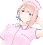  1girl blue_eyes blue_hair blush breasts closed_mouth dress ear_piercing eyebrow_piercing goshiki_suzu hat highres looking_at_viewer multicolored_hair nurse nurse_cap original piercing pink_hair pink_headwear short_hair short_sleeves simple_background solo upper_body white_background 