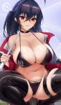  1girl ahoge azur_lane bare_shoulders bikini black_bikini black_hair black_thighhighs breasts choker cleavage collarbone eyewear_on_head fouriasensei grin highres holding holding_umbrella jacket large_breasts long_hair long_sleeves looking_at_viewer navel off_shoulder official_alternate_costume one_side_up open_clothes open_jacket race_queen red_eyes red_jacket smile solo spread_legs squatting sunglasses swimsuit taihou_(azur_lane) taihou_(enraptured_companion)_(azur_lane) thigh_strap thighhighs umbrella very_long_hair 