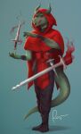  5_fingers anthro black_clothing bottomwear clothed clothing dragon fingers footwear forked_tongue fully_clothed hi_res melee_weapon open_mouth pants red_clothing red_eyes reptile rov scales scalie solo sword tongue tongue_out weapon 