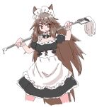  1girl alternate_costume animal_ears apron arknights black_dress bright_pupils brown_hair commentary cropped_legs dress enmaided flipped_hair frown holding holding_mop long_hair looking_to_the_side maid mop nikukabe over_shoulder puffy_short_sleeves puffy_sleeves red_eyes short_sleeves sidelocks simple_background sketch solo squirrel_ears squirrel_girl squirrel_tail tail waist_apron weapon weapon_over_shoulder white_apron white_background white_pupils white_wrist_cuffs wild_mane_(arknights) 