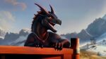  16:9 4k absurd_res black black_dragon dragon dragon.studio feral hi_res rooftop widescreen winter 