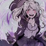  1girl belt evil_smile eyes_of_grima fire_emblem fire_emblem_awakening fire_emblem_heroes gloves grima_(fire_emblem) highres looking_at_viewer red_eyes robe robin_(female)_(fire_emblem) robin_(fire_emblem) smile spell twintails upper_body white_hair wizard xuanlulu 