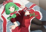  1girl bow dress frilled_dress frilled_ribbon frills from_above front_ponytail green_eyes green_hair hair_bow hair_ribbon indoors kagiyama_hina kanpa_(campagne_9) long_ribbon looking_at_viewer lying on_bed open_mouth puffy_short_sleeves puffy_sleeves red_dress red_ribbon ribbon short_sleeves smile solo touhou 