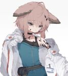 1girl ahoge animal_ears arknights black_choker blue_eyes blue_vest choker closed_mouth coat commentary_request cross flat_chest fox_ears fox_girl gloves half-closed_eyes lab_coat medium_hair oripathy_lesion_(arknights) pink_hair red_cross simple_background solo sussurro_(arknights) unitedunti upper_body vest white_background white_coat white_gloves 