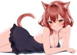  1girl animal_ears arm_support black_chemise breasts brown_hair cat_ears cat_girl cat_tail highres koko_sokodoko looking_at_viewer lying medium_breasts on_side original short_hair simple_background smile tail white_background yellow_eyes 