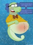 abdominal_bulge anthro bald belly belly_blush belly_overhang big_belly big_nose blue_hair blush body_blush bow_tie bubble clothing dialogue eyewear facial_hair fish fish_hooks furrylovepup_v2 glasses green_body hair hi_res legless male marine mr._baldwin on_model open_mouth open_smile pregnant pregnant_male seahorse shirt smile solo speech_bubble syngnathid syngnathiform tail toony topwear underwater water 
