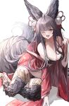  1girl absurdres animal_ears bare_shoulders bell black_bra black_hair black_panties blunt_bangs blush bra breasts cleavage fox_shadow_puppet fox_tail granblue_fantasy hair_bell hair_ornament highres japanese_clothes kimono long_hair looking_at_viewer navel one_eye_closed open_clothes open_kimono open_mouth panties red_eyes red_kimono shiro_wa_(shiroshironix) sitting smile solo tail thighhighs underwear white_background wide_sleeves yokozuwari yuel_(granblue_fantasy) 
