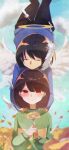  2others 345_myk androgynous angel angel_wings black_pantyhose black_shorts blue_sky blue_sweater blunt_ends blurry blurry_background blurry_foreground blush bob_cut brown_hair chara_(undertale) closed_eyes closed_mouth cloud commentary crazy_smile day depth_of_field falling_feathers feathered_wings feathers feet_out_of_frame field flower flower_field flying frisk_(undertale) green_sweater hair_between_eyes halo hands_on_another&#039;s_shoulders head_on_head head_rest highres holding holding_flower horns long_sleeves looking_at_viewer multiple_others narrowed_eyes outdoors own_hands_together pantyhose purple_sweater red_eyes short_hair short_shorts shorts single_horizontal_stripe single_horn sky smile standing sweater undertale upper_body upside-down w_arms white_feathers wings yellow_flower yellow_sweater 