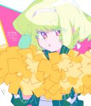  1boy :o alternate_costume blonde_hair cheerleader colored_eyelashes green_jacket headband highres holding holding_pom_poms jacket lio_fotia long_sleeves looking_at_viewer male_focus open_mouth otoko_no_ko pom_pom_(cheerleading) promare purple_eyes shirt short_hair sidelocks solo white_background white_headband white_shirt yzyz630 