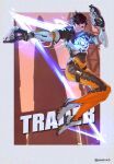  1girl bodysuit border breasts brown_eyes brown_hair character_name commentary_request dual_wielding full_body goggles grey_border gun handgun highres holding holding_gun holding_weapon looking_at_viewer looking_down outside_border overwatch overwatch_1 parted_lips passimo short_hair smile solo thigh_strap tinted_eyewear tracer_(overwatch) twitter_username weapon white_footwear 