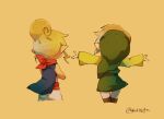 1boy artist_name back facing_away green_headwear green_shirt link long_hair parted_bangs pointy_ears scarf shirt short_hair simple_background tetra the_legend_of_zelda the_legend_of_zelda:_the_wind_waker tokuura toon_link yellow_background 