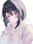  1girl black_hair blush braid copyright_request hair_ornament hairclip highres hood hoodie long_hair red_eyes simple_background single_braid solo white_background white_hoodie yomogi_mogu 