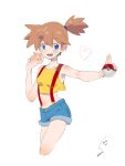  1girl :d blue_eyes breasts commentary_request cropped_legs denim denim_shorts highres holding holding_poke_ball misty_(pokemon) navel open_mouth orange_hair poke_ball pokemon pokemon_(anime) pokemon_(classic_anime) shirt short_hair shorts side_ponytail smile solo sumomo suspender_shorts suspenders tank_top yellow_shirt yellow_tank_top 