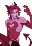  absurd_res anthro canid canine cigarette claws clothing finger_claws freckles hair heart_(marking) hi_res lock_(vampimorph) male mammal middle_part red_eyes red_hair simple_background smile smooth_skin solo spade_tail tail underwear vampimorph white_background yellow_sclera 