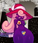  badge blush bodily_fluids breasts clothing cragscleft female gloves hair hair_over_eyes handwear hat headgear headwear hi_res humanoid mario_bros nintendo open_mouth paper_mario pasties pink_hair purple_body shadow_siren solo sweat sweatdrop thick_thighs vivian_(mario) wide_hips witch_hat 