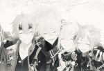  4boys absurdres ahoge amor animal_ears armor cherry_blossoms closed_eyes dog_tags fake_horns fingerless_gloves flower fox_boy fox_ears genshin_impact gloves gorou_(genshin_impact) greyscale grin hair_between_eyes hair_ornament hands_on_another&#039;s_shoulders headband highres horned_headwear horns japanese_armor japanese_clothes kaedehara_kazuha kazuha&#039;s_friend_(genshin_impact) male_focus monochrome multiple_boys open_mouth petals poi_poifu ponytail smile thoma_(genshin_impact) upper_body white_hair 