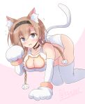  1girl animal_ears animal_hands bell bra braid breasts cat_cutout cat_ears cat_hair_ornament cat_lingerie cat_tail cleavage clothing_cutout gloves grey_eyes hair_ornament highres jingle_bell kantai_collection large_breasts light_brown_hair long_hair meme_attire neck_bell one-hour_drawing_challenge panties paw_gloves paw_pose shizuna_kaede solo tail teruzuki_(kancolle) thighhighs twin_braids underwear underwear_only white_bra white_panties white_thighhighs 