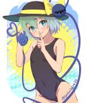  1girl alternate_costume aqua_eyes breasts collarbone commentary_request contrapposto covered_navel cowboy_shot finger_to_mouth green_hair hair_between_eyes hands_up hat heart heart_of_string highres index_finger_raised komeiji_koishi one-piece_swimsuit shiroi_karasu shushing simple_background small_breasts solo swimsuit third_eye touhou 