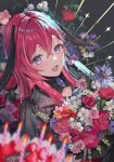  1girl absurdres black_wings blue_gemstone blurry blurry_foreground blush bouquet cake candle commentary crossed_bangs depth_of_field earrings flower food fruit gem head_wings highres holding holding_bouquet jacket jewelry konkon_aria konkon_aria_(artist) long_hair looking_at_viewer neo-porte pendant_choker pink_hair plaid plaid_jacket purple_flower red_flower red_rose rose self-portrait sidelocks smile solo strawberry sunburst teeth upper_body upper_teeth_only virtual_youtuber white_flower wings 