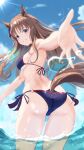  1girl absurdres adlib animal_ears ass beach bikini blue_bikini blue_eyes blue_sky blurry blurry_background breasts brown_hair cloud cloudy_sky commentary_request cowboy_shot ear_ornament grass_wonder_(umamusume) grin highres horse_ears horse_girl horse_tail lens_flare long_hair looking_at_viewer medium_breasts multicolored_hair ocean outdoors outstretched_hand partially_submerged side-tie_bikini_bottom sideboob sky smile streaked_hair summer sun swimsuit tail tail_through_clothes umamusume water white_hair 