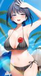  1girl :d absurdres bare_shoulders bikini black_bikini black_hair blue_eyes blue_hair blue_sky blush bow bow_earrings breasts cleavage collarbone day earrings english_commentary fang flower gukurosawa01 hair_intakes hibiscus highres holding holding_innertube holocouncil hololive hololive_english innertube jewelry large_breasts looking_at_viewer midriff navel open_mouth ouro_kronii outdoors palm_tree red_flower ribbon_earrings short_hair side-tie_bikini_bottom sky smile solo stomach striped striped_bikini swimsuit tree virtual_youtuber 