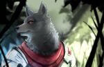  anthro armor black_nose blurred_background bust_portrait canid cheek_tuft clothed clothing facial_tuft front_view fur glistening glistening_eyes grey_body grey_ears grey_fur grey_inner_ear hi_res kuttoyaki male mammal mouth_closed neck_tuft portrait red_eyes shoulder_pads solo tuft 