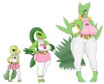  absurd_res anthro armwear big_breasts black_eyes bottomwear bracelet breasts clothing denim denim_clothing female generation_3_pokemon green_body grovyle hi_res huge_breasts jeans jewelry leaf legwear nintendo pants pokeball pokemon pokemon_(species) sceptile shirt simple_background skirt solo stockings tail topwear treecko urusee584 white_background 