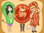  4:3 anthro bacon_costume canid canine canis domestic_dog felid female food_costume fox group hi_res lion mammal pantherine soaringhamster tomato_costume trio 
