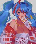  1girl blue_eyes blue_hair fire_miku_(project_voltage) gloves hatsune_miku headphones highres jacket jewelry long_hair looking_at_viewer multicolored_hair musical_note necklace open_clothes open_jacket open_mouth poke_ball_print pokemon project_voltage puffy_sleeves ruinique shirt simple_background twintails two-tone_gloves two-tone_hair very_long_hair vocaloid 