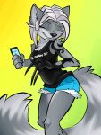  2019 ambiguous_gender anthro big_tail biped black_nose bottomwear breasts cellphone cheek_tuft claws clothed clothing cutoffs dancing denim denim_clothing domestic_cat duo facial_tuft felid feline felis female green_background grey_body hair hi_res holding_cellphone holding_object holding_phone holding_smartphone machinewithsoul mammal marvel phone russian_text shirt shorts simple_background smartphone smile symbiote tail tank_top teeth text text_on_clothing text_on_shirt text_on_topwear topwear tuft venom_(marvel) white_hair 