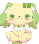  2023 accessory anthro azuo bedroom_eyes blush canid canine canis domestic_dog female fur genitals green_body green_eyes green_fur hair_accessory hi_res jewelpet mammal narrowed_eyes peridot_(jewelpet) presenting presenting_pussy pussy sanrio seductive simple_background solo spread_pussy spreading white_background yellow_body yellow_fur 