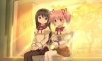  2girls akemi_homura amy_(madoka_magica) animal black_hair black_hairband black_pantyhose black_skirt blush bow bowtie cat chair closed_mouth collared_shirt dot_nose feet_out_of_frame game_cg hair_ribbon hairband hands_on_own_legs holding holding_animal holding_cat indoors juliet_sleeves kaname_madoka legs_together long_hair long_sleeves magia_record:_mahou_shoujo_madoka_magica_gaiden mahou_shoujo_madoka_magica mitakihara_school_uniform multiple_girls official_art pantyhose pink_eyes pink_hair plaid plaid_skirt pleated_skirt puffy_sleeves red_bow red_bowtie red_ribbon ribbon school_uniform shirt short_hair sidelocks sitting skirt sleeve_cuffs smile split_mouth sweater thighhighs tree twintails very_long_hair white_shirt white_thighhighs yellow_sweater 