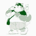  2023 anthro bottomwear canid canine canis clothing domestic_dog exclamation_point hat headgear headwear hi_res humanoid_hands kemono lagoon_bluebear lifewonders live_a_hero male mammal mokdai overweight overweight_male question_mark shirt shorts solo topwear 