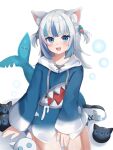  1girl absurdres animal_costume animal_ear_fluff animal_ears blue_eyes blue_hair blue_nails blush bubble cat_ears fins fish_tail gawr_gura gawr_gura_(1st_costume) grey_hair hair_ornament highres hololive hololive_english looking_at_viewer multicolored_hair nail_polish nekopurin_(nyanko_prin) open_mouth shark_costume shark_girl shark_hair_ornament shark_tail sharp_teeth shoes smile sneakers solo streaked_hair tail teeth transparent_background two_side_up upper_teeth_only virtual_youtuber white_footwear 