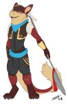  2021 4_toes 5_fingers anthro bandanna blue_eyes bottomwear brown_hair clothing custom_species fantasy fantasy_weapon feather_jewelry feet ferrin fingers fluffy fluffy_tail fur hair hi_res kalani_darrow kerchief male melee_weapon mike- paws polearm red_body red_fur shirt shorts sketch tail tail_tuft tan_body tan_fur toes topwear tuft vest weapon 