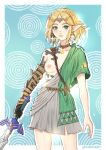  1girl absurdres archaic_set_(zelda) arms_at_sides asymmetrical_clothes black_skin blonde_hair border breasts collar colored_skin cosplay earrings fingernails green_eyes highres holding holding_sword holding_weapon jewelry jibri_art light_smile link link_(cosplay) lips looking_at_viewer master_sword medium_breasts medium_hair multicolored_skin nipples no_bra one_breast_out outside_border parted_lips pointy_ears princess_zelda solo sword the_legend_of_zelda the_legend_of_zelda:_tears_of_the_kingdom tunic twitter_username weapon white_border 