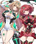  2girls bare_shoulders blonde_hair blush breasts chest_jewel earrings fingerless_gloves gem gloves headpiece highres jewelry large_breasts long_hair looking_at_viewer multiple_girls mythra_(xenoblade) pyra_(xenoblade) red_eyes red_hair shinae short_hair smile swept_bangs thigh_strap thighhighs thighs tiara very_long_hair xenoblade_chronicles_(series) xenoblade_chronicles_2 