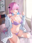  1girl ;o absurdres ahoge aqua_nails bare_shoulders bedroom blue_hair bow breasts cleavage collarbone colored_inner_hair curtains hair_bow hands_up highres hololive jacket large_breasts looking_at_viewer minato_aqua multicolored_hair navel nintendo_switch on_bed one_eye_closed open_mouth pillow pink_hair purple_eyes shinigami_kiraki side_ahoge sitting solo stomach streaked_hair thighs two-tone_hair underwear virtual_youtuber white_jacket window 